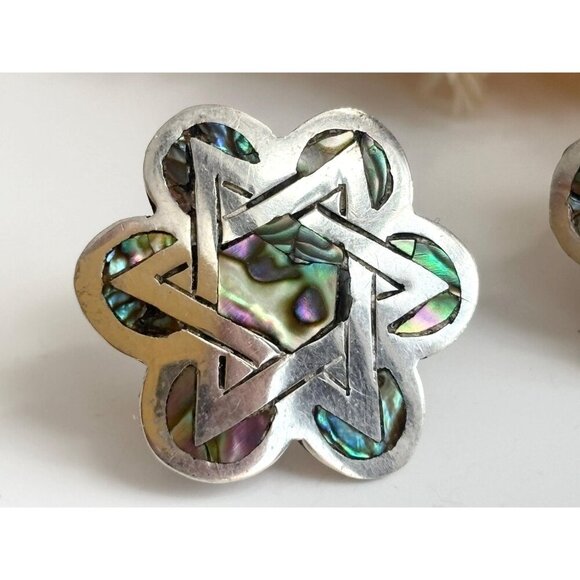 Star of David Abalone Floral Alpaca Mexican Sterling Silver Vintage Screw Studs - Picture 2 of 10